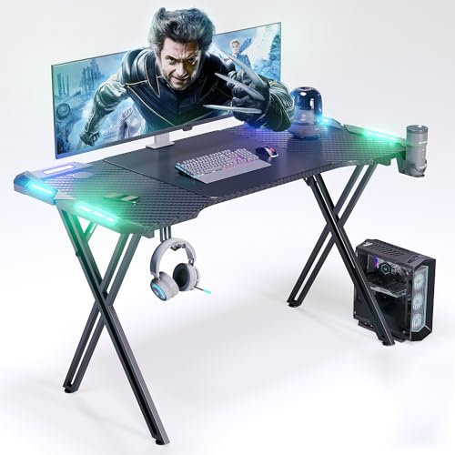 SUBTLETY Escritorios Gaming 120x60cm X-Frame Mesas de Ordenador con Portavasos y Auriculares Soporte Mesa Ergonómico Capacidad de Carga hasta 100KG Tableros de Juegos para Oficina Estudio (con LED)