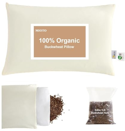 MIOTO Organic Buckwheat Pillow for Sleeping with Dual-Layer Pillowcase and Extra Tartary Buckwheat Hulls, Adjust Height and Firmness, Neck Support Pillow for Back and Side Sleepers 20x26