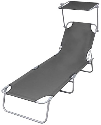 Frdhee Chaise longue de plage, fauteuil de relaxation, chaise de camping, chaise de jardin, chaise longue de bain, chaise longue pliable avec protection solaire en acier gris pour terrasse, voyage
