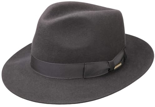 Stetson Sombrero Bogart Penn Mujer/Hombre - Made in The EU de Fieltro Pelo con ala hacia Arriba Forro, Banda Grosgrain Verano/Invierno Primavera Verano Otoño Invierno - 58 cm Gris