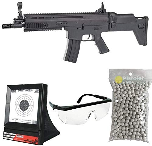 PC Softair Pacchetto Completo con Accessori - Fucile per Softair, Modello FN Scar L Cybergun, a Molla, 0,5 Joule, Colore Nero, Ricarica Manuale