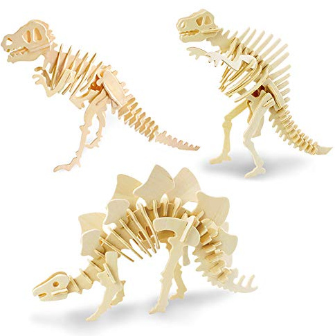 Georgie Porgy 3D Wooden Puzzles for Kids Toys Construction Woodcraft Kits DIY Model Puzzle Kits Birthday Gifts Pack of 3 (T-Rex Spinosaurus Stegosaurus)