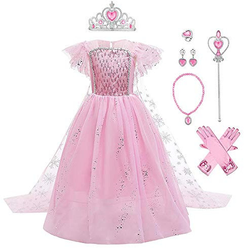 IWEMEK Filles Déguisements Princesse Elsa Robe Longue avec Cape + Accessoires Reine des Neige 2 Costume de Carnaval Halloween Noël Robes de fête d'anniversaire Enfants Rose Set 7-8 Ans