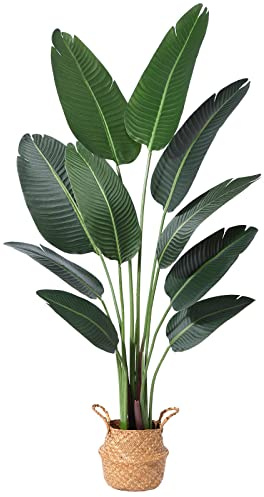Ferrgoal Artificial Bird of Paradise Plants 5Ft Fake Tropical Palm Tree with 10 Trunks in Pot and Woven Seagrass Belly Basket Perfect Faux Plant for Home Indoor Outdoor Office Modern Decor Green