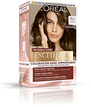 L’ORÉAL PARIS - Coloration Cheveux Permanente - Longue Durée - Résultat Naturel & Lumineux - Couvre 100% des Cheveux Blancs - Excellence Crème Universal Nudes - Nuance : Châtain Universel (4U)