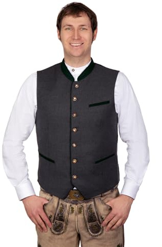Edelnice Traditionellt mode elegant mjuk ull kostymväst Gilet Roland grå med gröna passpoal stl. 46–64, GRÅ, 50