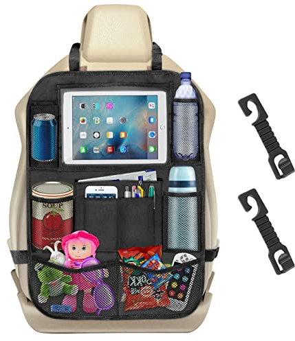 Autositz Organizer, Auto Organizer mit 2 Auto Lagerung Haken, Rückenlehnenschutz Auto Kinder mit Tablet Tasche, Wasserdicht Oxford Tuch Rücksitz Organizer, Schwarz (59x42cm/23x17in)