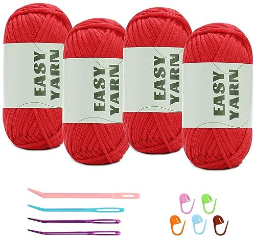 4 X 50g Easy Yarn Häkelgarn Baumwolle Wolle zum Häkeln Dickes Garn Chenille Wolle zum Häkeln gut Sichtbare Maschen, Dicke Häkelns Dickes Baumwoll-Nylon-Rotes mit Häkelzubehör