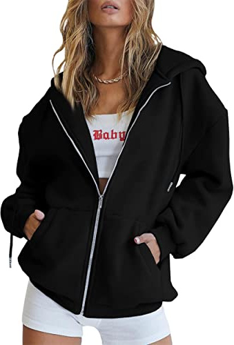 Timuspo Sweat-shirt à capuche, coupe ample, long avec fermeture Éclair, pour automne et hiver, pour femme, Noir , XL