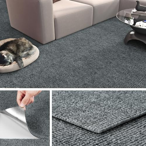Livelynine Self Adhesive Carpet Tiles Light Grey 30x30CM Non-Slip Stick on Carpet Tiles for Bedroom Living Room Stair Carpets Floor Tile for Office Commercial Heavy Duty Floor Covering Grey, 4 PCS