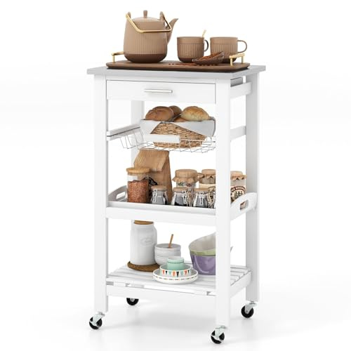 KOMFOTTEU Servierwagen mit Edelstahl Arbeitsplatte, Küchenwagen Klein, Rollwagen mit Schublade & Ablagen, Küchenregal Küchentrolley für Küche Esszimmer (Weiß)
