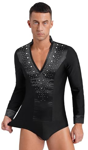ranrann Men Latin Dance Shirt Top Ballroom Modern Stretch Long Sleeve Rhinestones Figure Skating Leotard Dance Costume Black Medium