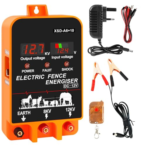 Electric Fence Energiser, Orifesio 3.5 Joules 6.2 Miles Fence Charger Mains with Remote Control, Electric Fence Wire, Input 12V Output 8KV/12KV, Energiser for Electric Fencing for Horse, Without Alarm