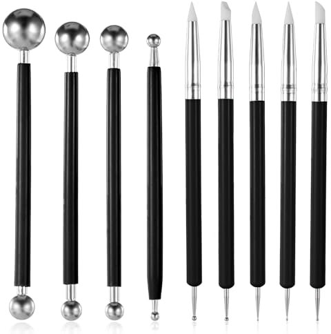 JJUNW 9 Stück Ton Schnitzwerkzeug, Modellierwerkzeug, Töpferwerkzeug Modellierkugel und Weiche Gummispitze Modellierstift Clay Sculpting Tools für Nagelkunst Fondant Modellierung Prägung DIY(schwarz)