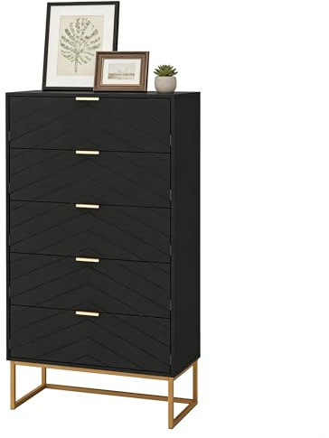 UEV Commode avec 5 Tiroirs 60cm, Meuble de Rangement, Motif de Lignes, Style Scandinave Elégant, pour Salon, Chambre, Salle à Manger, 60x34x110cm, Noir