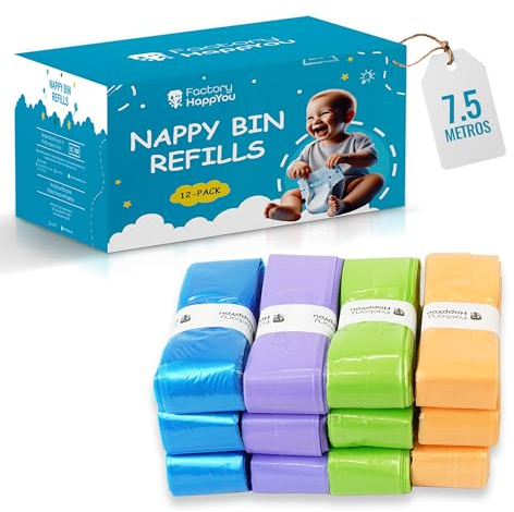 Factory HappyYou XXL Pack of 12 7.5m Nappy Feeder Refills Compatible with Tommee Tippee, Foppapedretti (Maialino/MissK), Angelcare, Litter Locker, Odour Free - BPA Free- Recycled