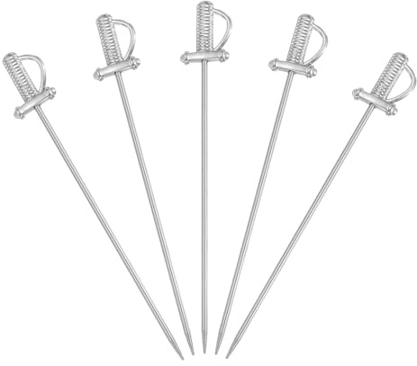 sourcing map 5 Stück Edelstahl-Cocktailspieße, 11,1 cm, Martini-Picker, Obststäbchen, Metallspieße, wiederverwendbar, für Getränke, Oliven, Vorspeisen, Obst, dekorativ, Silber (Schwert)