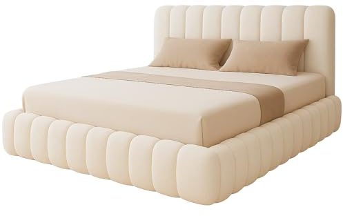 Luxury Cloud Teddy Boucle Ottoman Storage Bed Frame, Double Size, Panel Headboard, Modern Style, Upholstered Fabric, (Cream, 6ft super king)