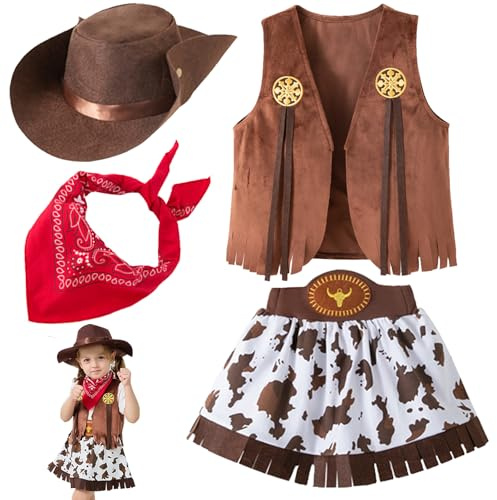 LUKIUP 4 stycken cowgirl kostym, kläder, utklädnad, cowboyhatt barn med bandana, väst och hatt, kjol, västerländsk, kostym för barn, halloween, karneval, cosplay, fest