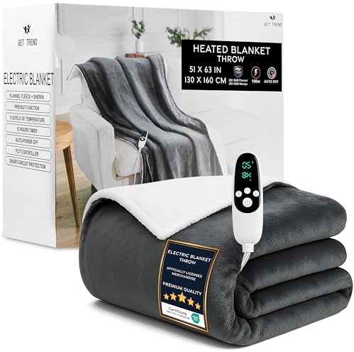 Get Trend Elektrisk värmefilt 130 x 160 cm, sherpa-fleecepläd, 9 nivåer med 12 timmars automatisk avstängning, maskintvättbar, presentidé (mörkgrå, EU-pläd)