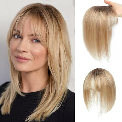 GULALUUK Hair Toppers for Women Real Human Hair with Bangs 10 Inch Upgrade Swiss Lace Base Toppers Hairpieces with Thinning for Daily Wear (Ombre Light Blonde)