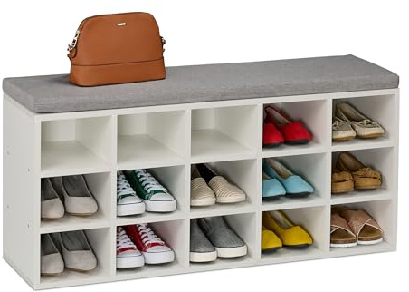 Relaxdays Panca Porta Scarpe da Ingresso con 15 Scomparti Portascarpe e Cuscino Imbottito, 48x105x30 cm, Bianco Grigio