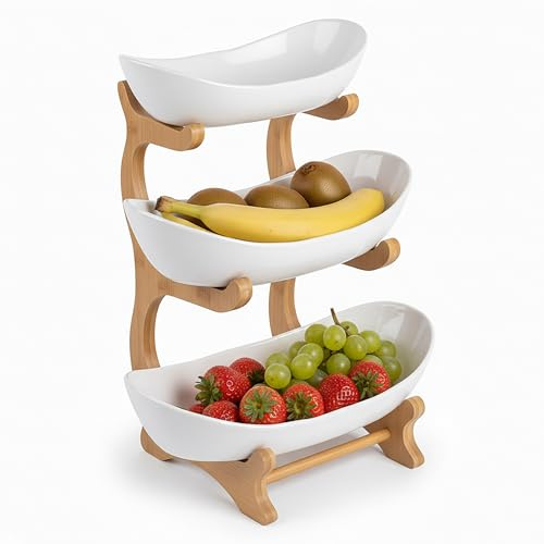 Relaxdays Etagere para Frutas de bambú, 3 Niveles, HBT: 34 x 25 x 10 cm, frutero de Cocina, Natural/Blanco