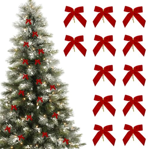 12-pack julgransrosetter, röda rosetter för julgran, sammetrosetter för girlang, DIY dekoration och paketinslagning (9x9,5cm)