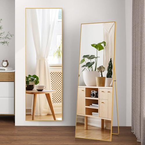 Henunem Espejo de pie de 164 x 54 cm, robusto espejo de cuerpo entero con marco de aluminio minimalista y estrecho, moderno espejo de pared grande de pie o colgante para salón y dormitorio, dorado