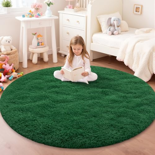 JOYARR Tapis Rond pour Chambre d’Enfant, Chambre à Coucher, Salon, Salle de Jeu, Poils Longs, Doux, Lavable, Antidérapant, Moderne, Vert Foncé, 100 cm