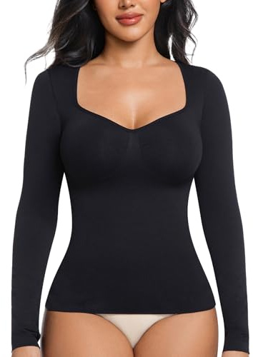 ONEW Shapewear - Camiseta interior para mujer, manga larga, cuello en V, moldeador de cintura, Negro , M