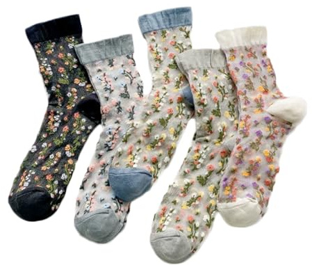 Alxad 5 Paia Calzini Trasparenti Donna Fantasia Floreale Vintage Calze in Nylon a Rete Sottile Estivi Calzini alla Caviglia
