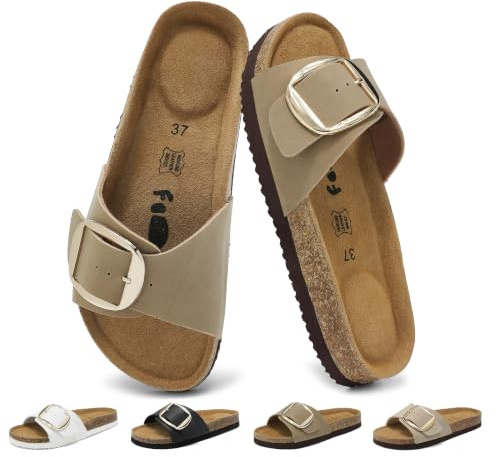 chetoria Sandales Mules Femme Cuir Véritable Semelle Liège Boucle Taupe 39