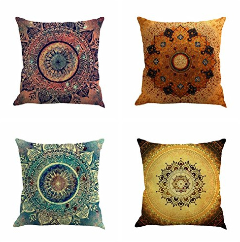 Jartinle Set of 4 Retro Floral Mandala Compass Medallion Bohemian Pillow Covers Boho Decor Hippie Throw Pillows Decorative for Sofa Couch 18 x 18