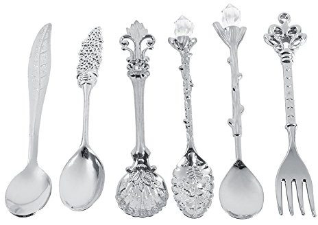 Snidad vintage sked set, Fdit set med 6 vintage skedar kungliga servisskedar metall mini snidad fruktsked för kök matsal