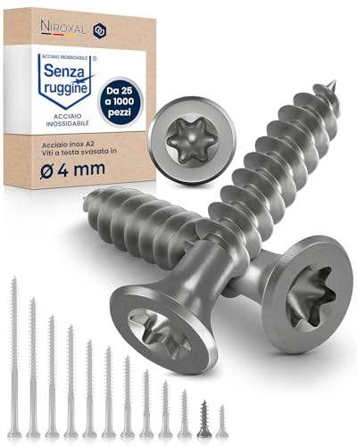 Träskruvar i Rostfritt Stål A2 – Försänkt Huvud Torx TX20 – Helgängade – 4 x 20 mm – 1000 Pack – Universalskruvar för Trä