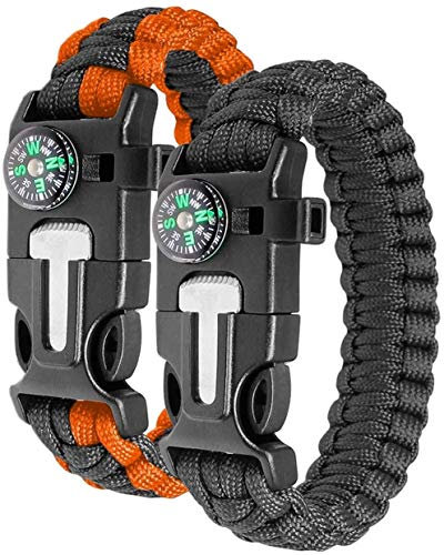 Ember Rock Paracord Survival Bracelet - 2 Pack Survival Kit Firestarter Bracelets - Includes Compass, Firesteel, Whistle and Parachute Cord (Orange & Black)