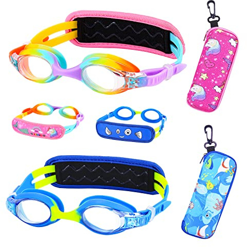 RUIGAO Kids Swim Goggles Age 2-6, Toddler Goggles No Hair Pull,UV Protection/Anti Fog/Padded HeadBand (2PK Kids - Rainbow/Blue)