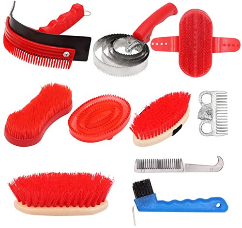 BREUAILY 10 Stück Pferdepflegeset | Pferdebürsten-Set | Flexible Kardätsche | Striegel | Schweißschaber | Huftrimmwerkzeuge | Pferdereinigungs Set für Lama Vieh Pferde