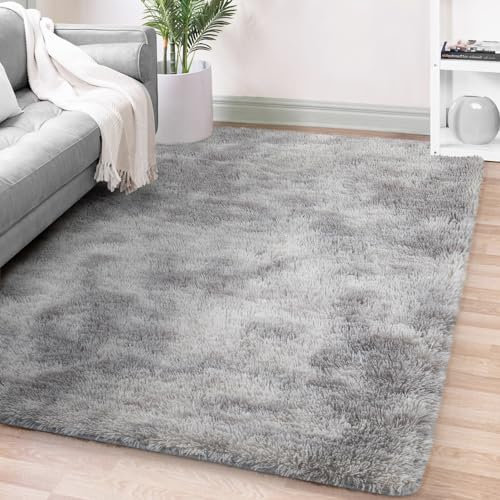 FVVRAX Ultra-Plush Shaggy Area Rug for Bedroom & Living Room – Machine Washable Luxury Tie-Dyed Carpet, Non-Slip Fluffy Floor Mat for Cosy Homes, Nursery & Dorm Decor, 90x150cm, Light Grey