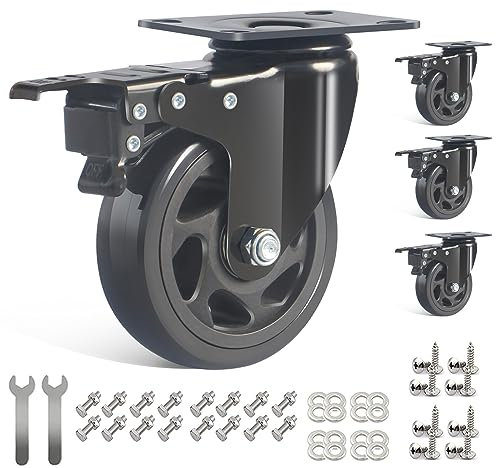 IQWTU Schwerlastrollen 100MM mit Bremse, 4 Stück Lenkrollen für Möbel Möbelrollen inkl. Montagezubehör, Transportrollen 360° Drehung bis 600KG, Industrierollen mit Platte für Innen & Außen