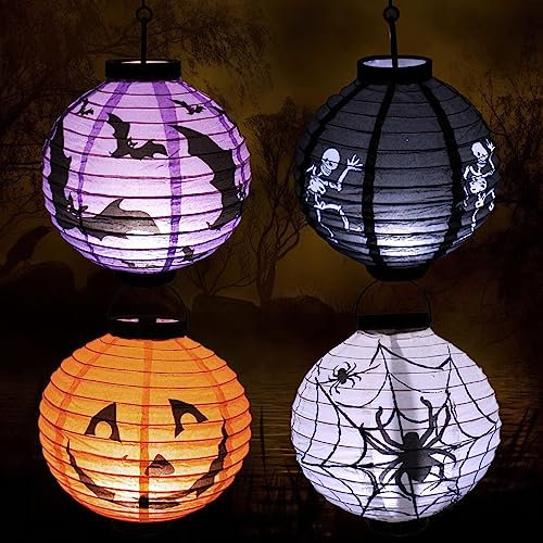 Chimoo Halloween Laterne,4 Stück Led Papierlaterne Batterie Halloween Papier Lampion für Kinder Rund 3D Faltbar Lampenschirm Papier Lampions Ideal für Outdoor/Junge Mädchen Kinder/Partydekorationen