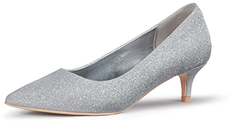 Zhabtuc Escarpins Classiques pour Femmes à Petit Talon Chaton Talons Bas à Bout Fermé 5CM Chaussures à Talons à Bout Pointu Talons pour Le Bureau, la Fête, Le Mariage, Paillettes argentées, 39 EU