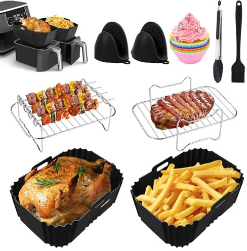Bestash Accessoire Air Fryer,14 PCS Silicone Moule Air Fryer Réutilisable,Accessoires pour Ninja Dual Foodi AF400EU AF300EU & Friteuse à Air Double 7,6 L-9,5 L (Dual Noir)