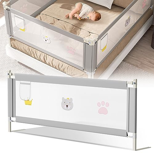 Ansobea Barrera de Cama para bebé 180cm, Barandilla de Cuna Plegable, Rejilla de Cuna Segura con protección contra caídas, Barrera Cama para niños, Acabado Gris Bordado