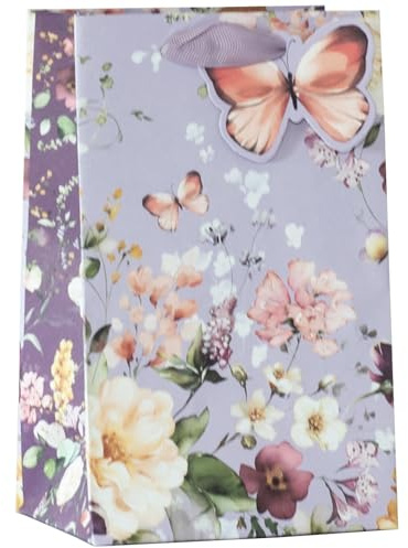 Design By Violet Fluer Beautiful Floral Paper Gift Bag With Butterfly Gift Tag Purple Spring Birthday Mother's Day Easter Valentines Small