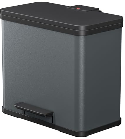 Hailo Öko duo Plus L Tret-Mülltrenner - freistehender 17+9 Liter Doppelmülleimer aus Stahlblech - Mülltrennsystem mit soft close Deckel - 2-fach Abfalltrenner für die Küche - Dunkelgrau