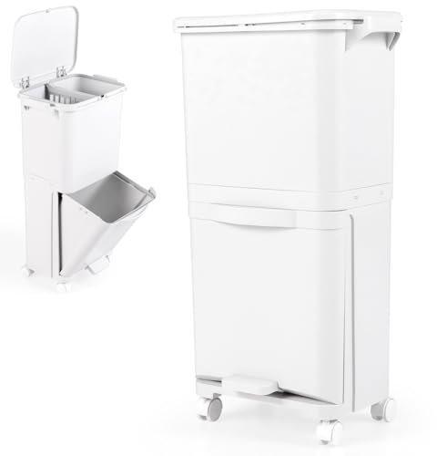 COSTWAY Recycling Bins, 40L Pedal Bin Trash Can with 3 Compartments, Wheels, Classification Stickers & Handle, Vertical Waste Separation System Garbage Can (42 x 28 x 74cm)