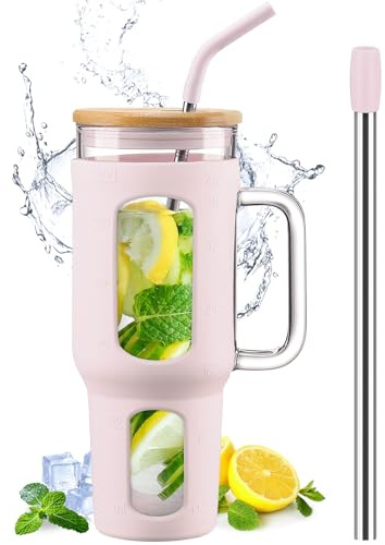BLUEGO Tumlarmugg med lock och sugrör, 1 400 ml kaffemugg To Go med handtag, dryckesmugg med silikonfodral, 1,4 l tumlarmugg med 2 sugrör, BPA-fri, rosa