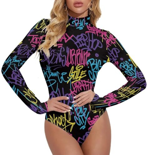 Body à manches longues pour femme - Motif graffiti art - Col roulé - Combinaison pour femme, Style 2, Medium